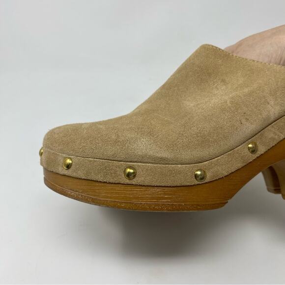 Steve Madden platform tan leather suede clogs womens size 10 gold brads - Picture 8 of 10